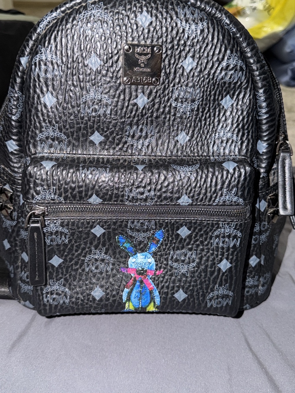 MCM Black Logo Backpack with Colorful Bunny Patch